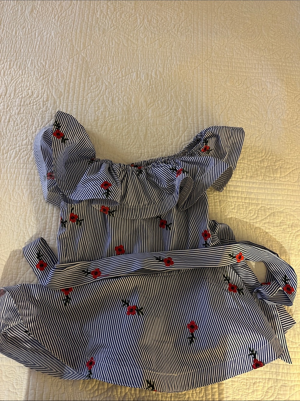 Striped Off-Shoulder Top with Red Floral Embroidery